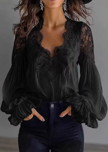 Black Puff Sleeve Lace Patchwork Chiffon Shirt Top