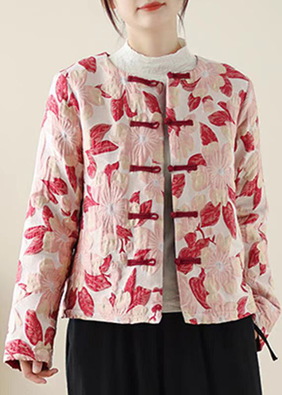 Red O Neck Print Button Pockets Thick Coats Winter