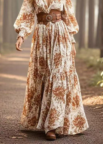 Khaki Cinched Print Cotton Maxi Dresses Spring