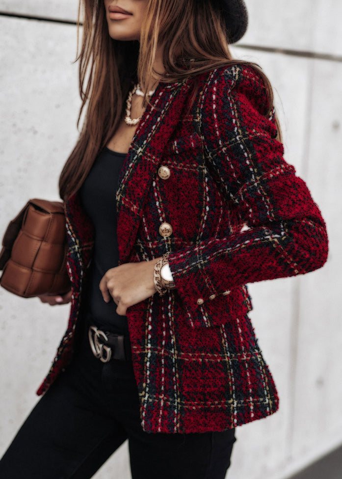 Style Mulberry Peter Pan Collar Plaid Slim Fit Cotton Short Coat Fall