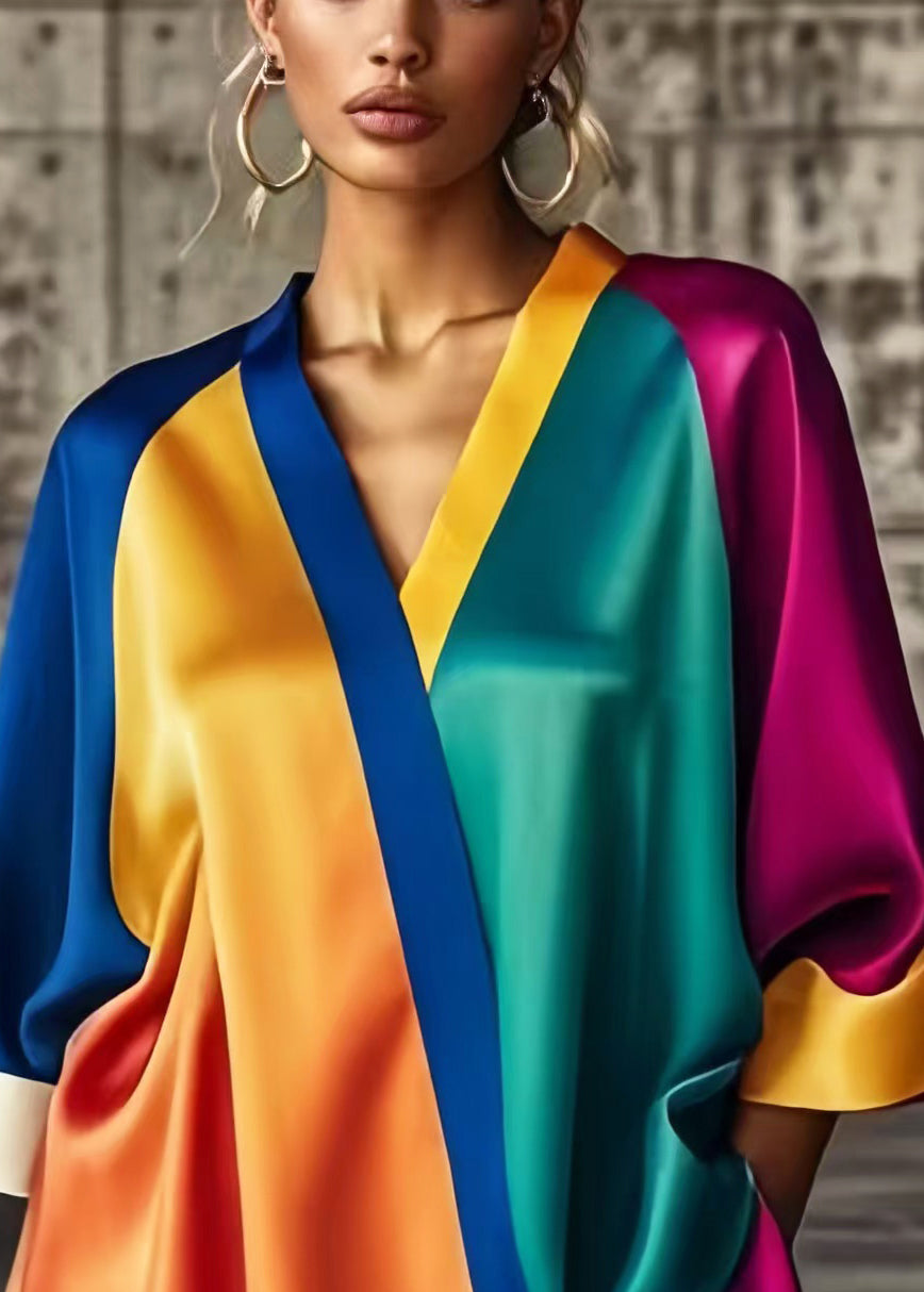 Colorblock Asymmetrical Patchwork Low High Design Silk Dress Summer