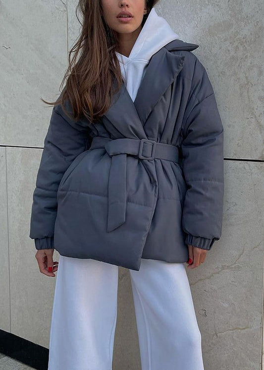 Grey Peter Pan Collar Tie Waist Fine Cotton Filled Coat Winter