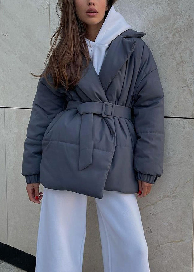 Grey Peter Pan Collar Tie Waist Fine Cotton Filled Coat Winter
