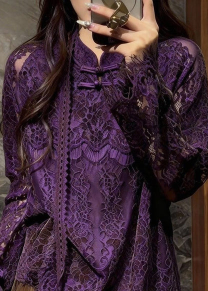Purple Mandarin Collar Hollow Out Lace Blouses Spring