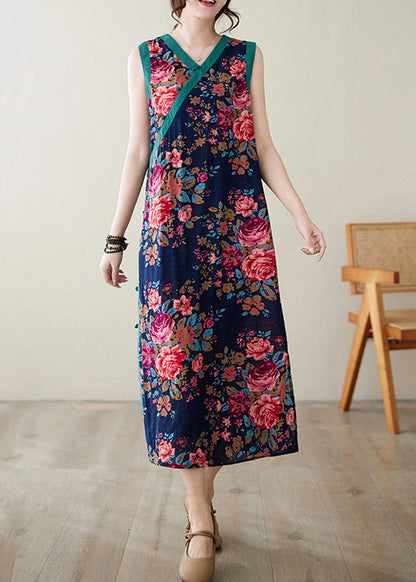 Style Navy Print Side Open Linen Dresses Sleeveless