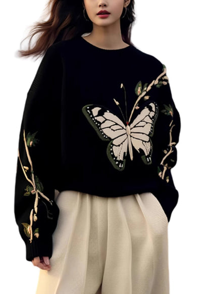 Black O Neck Butterfly Print Knit Sweaters Spring