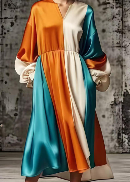 Orange Oversized Patchwork Silk Vacation Dresses Spring