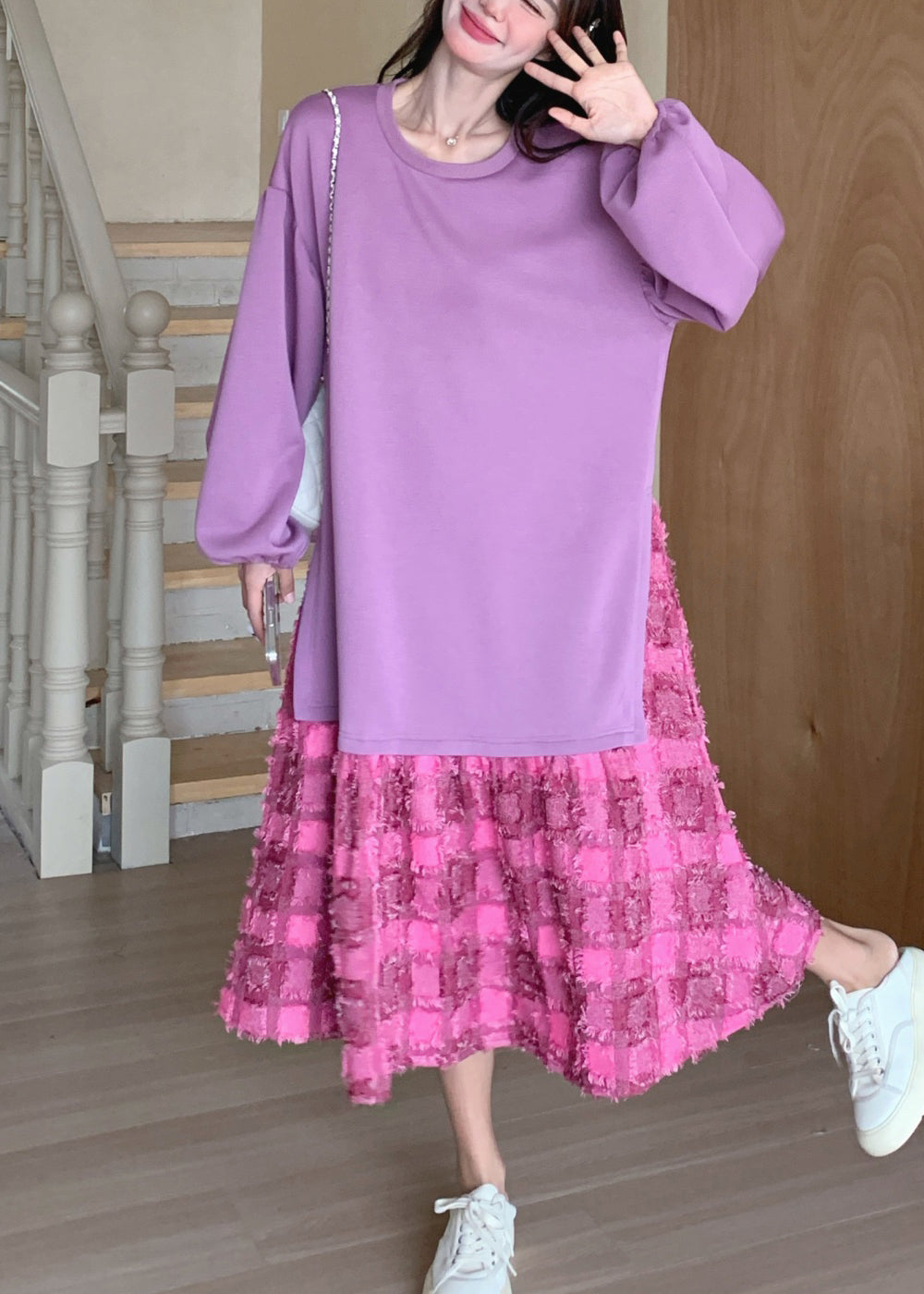 Loose Purple O-neck Plaid Maxi Dress Spring