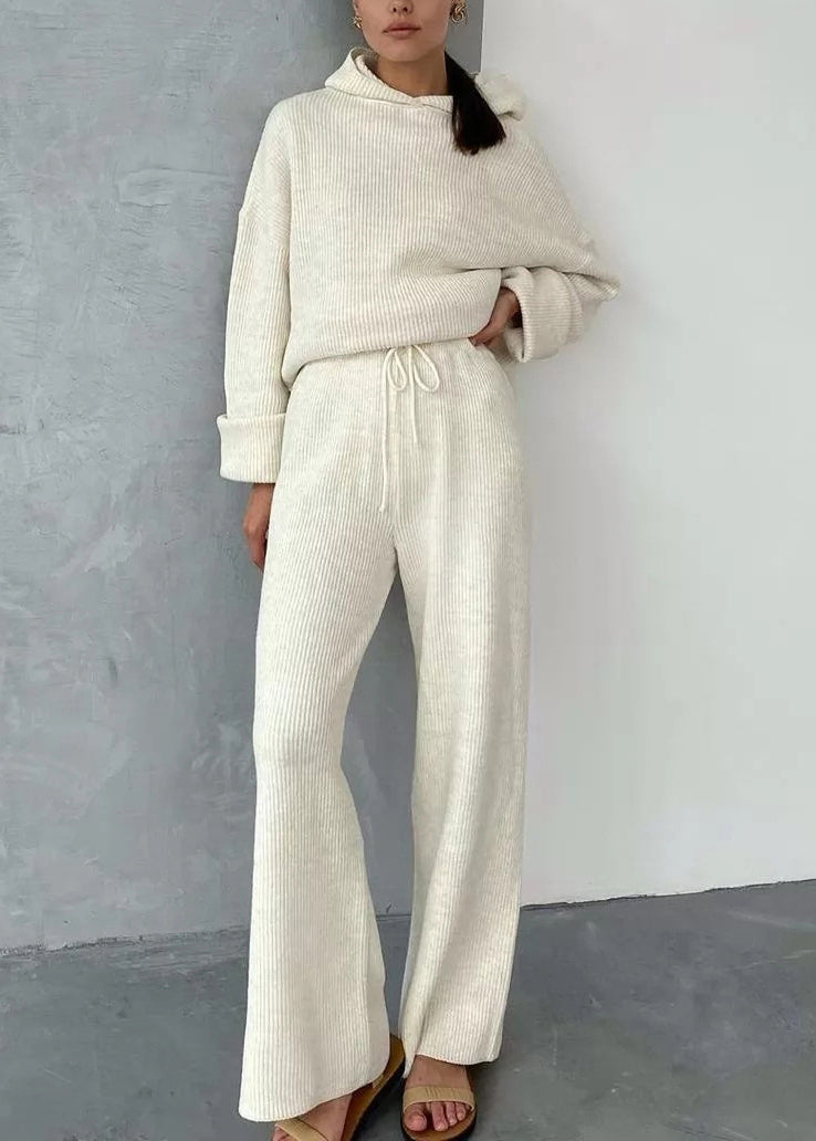 French Apricot Hooded Pullover Knit Two Pieces Set Winter