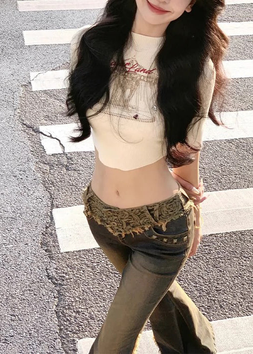Low Waist Patchwork Lace Denim Flared Trousers Spring