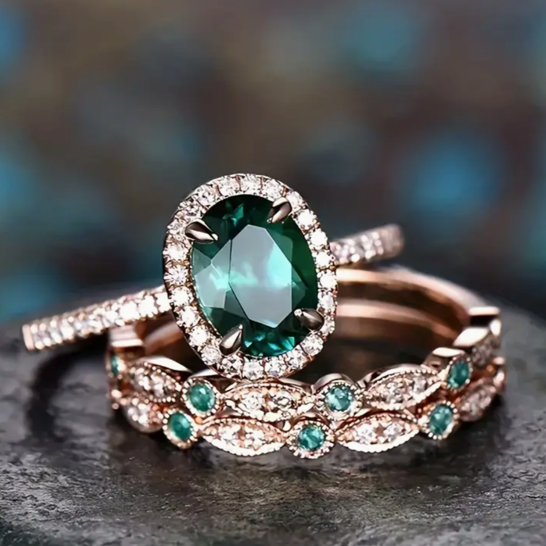 Green Zirconia Rose Gold Ring Set