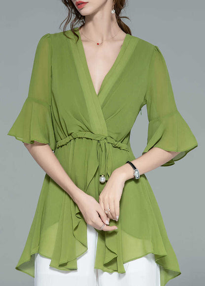 Green Asymmetrical Lace Up Chiffon Shirt Half Sleeve