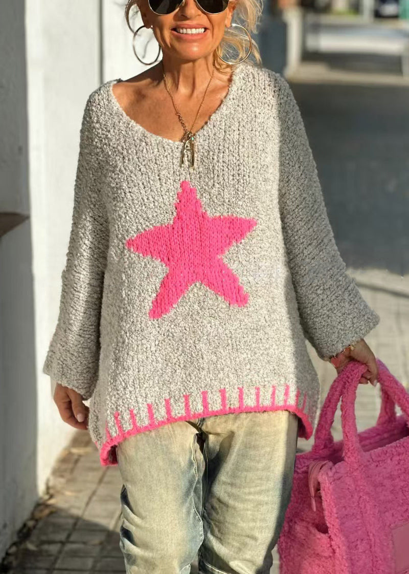 Beige V Neck Hollow Out Knit Sweaters Spring