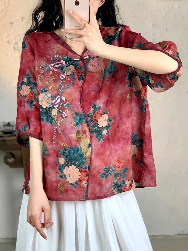 Summer Embroidery Ramie Shirt