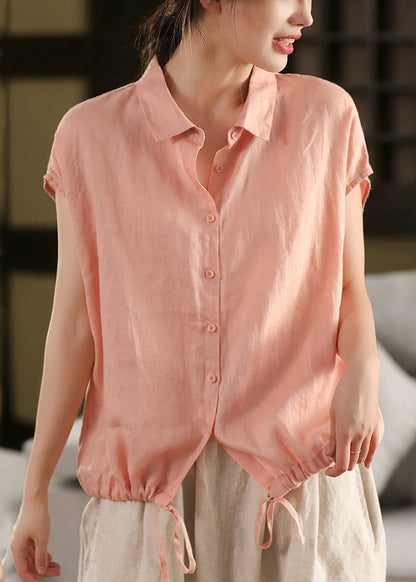White Peter Pan Collar Lace Up Linen Blouse Summer