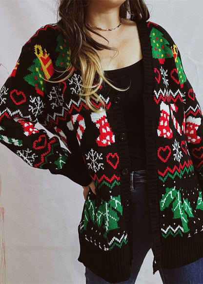 Black V Neck Jacquard Knit Cardigan Fall