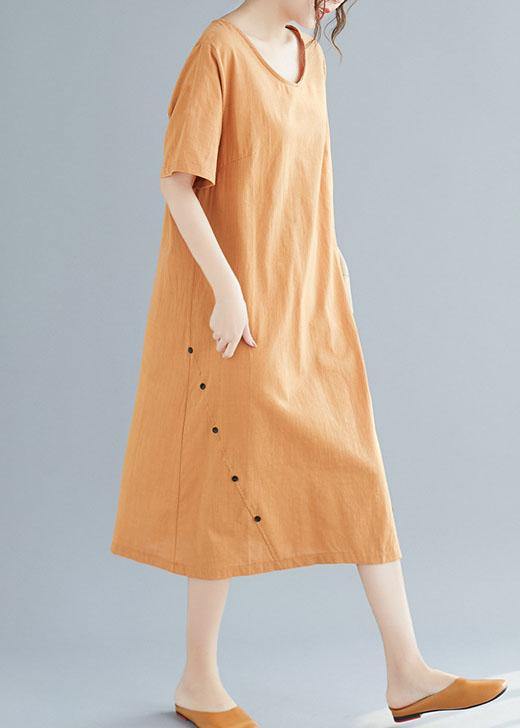 Natural Khaki O Neck Cotton Linen Dresses Button Decorated Summer Dress