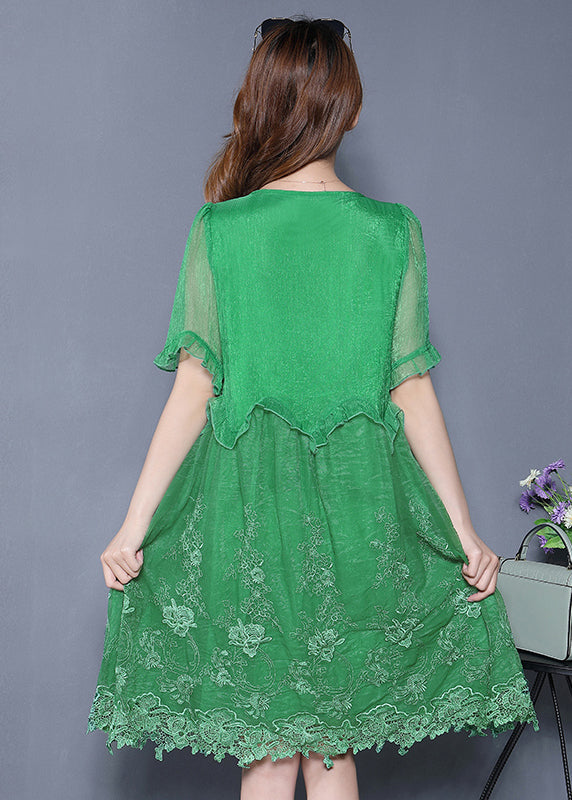 Green Embroidered Ruffled Silk Vacation Dresses Summer