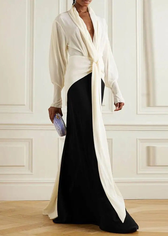 European and American Color Blocked V-neck Long Sleeved Dress