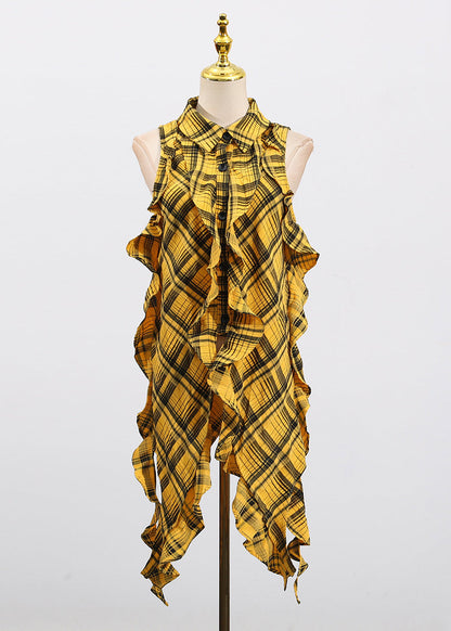 Style Yellow Asymmetrical Ruffled Plaid Cotton Blouse Top Sleeveless
