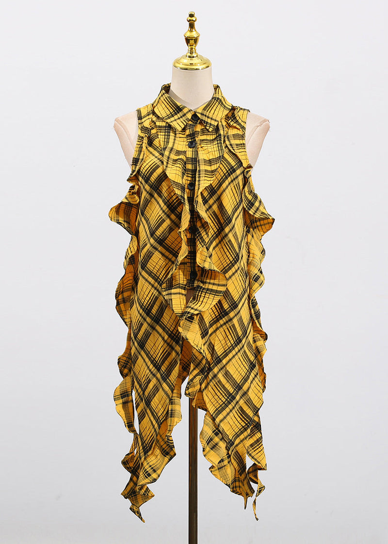 Style Yellow Asymmetrical Ruffled Plaid Cotton Blouse Top Sleeveless