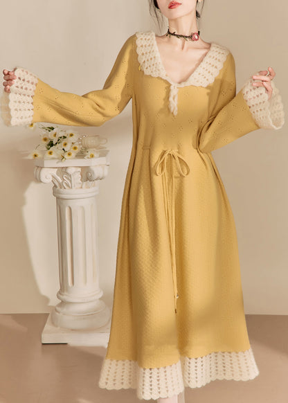 Yellow Peter Pan Collar Tie Waist Hollow Out Long Dress Fall