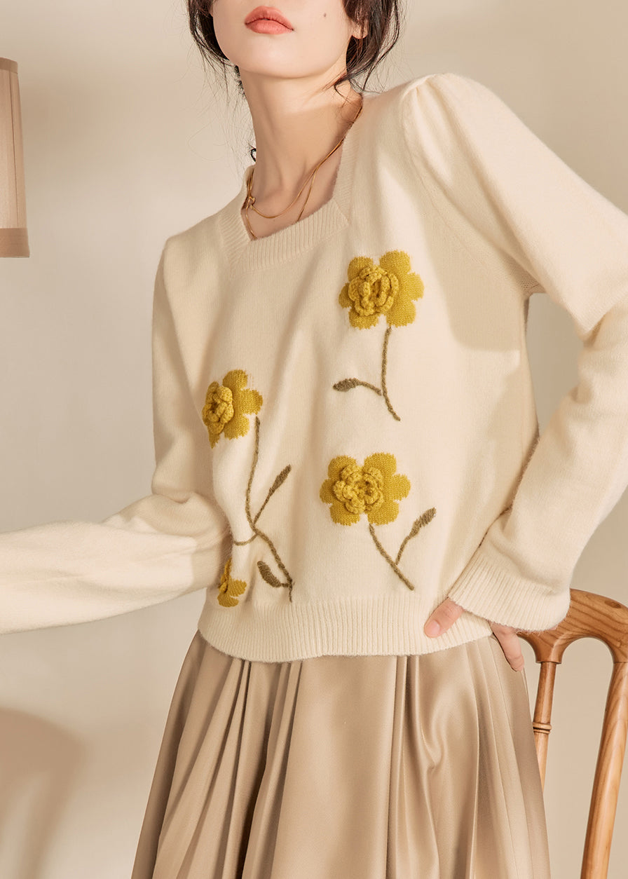 Light Yellow Square Collar Cotton Knit Sweaters Winter