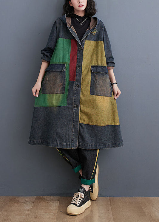 Colorblock Patchwork Button Hooded Denim Trench Coat Long Sleeve