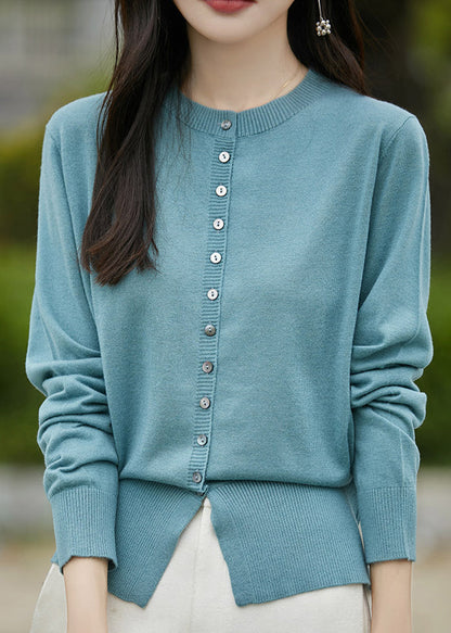 Simple Blue O Neck Button Woolen Coat Spring