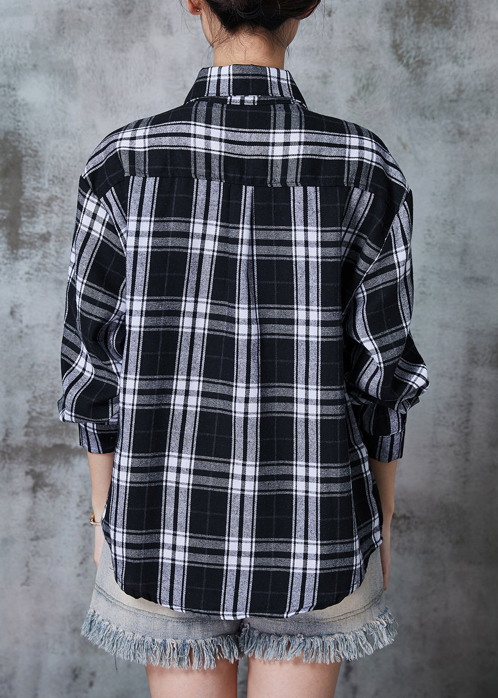 Black Oversized Plaid Cotton Shirt Top Fall