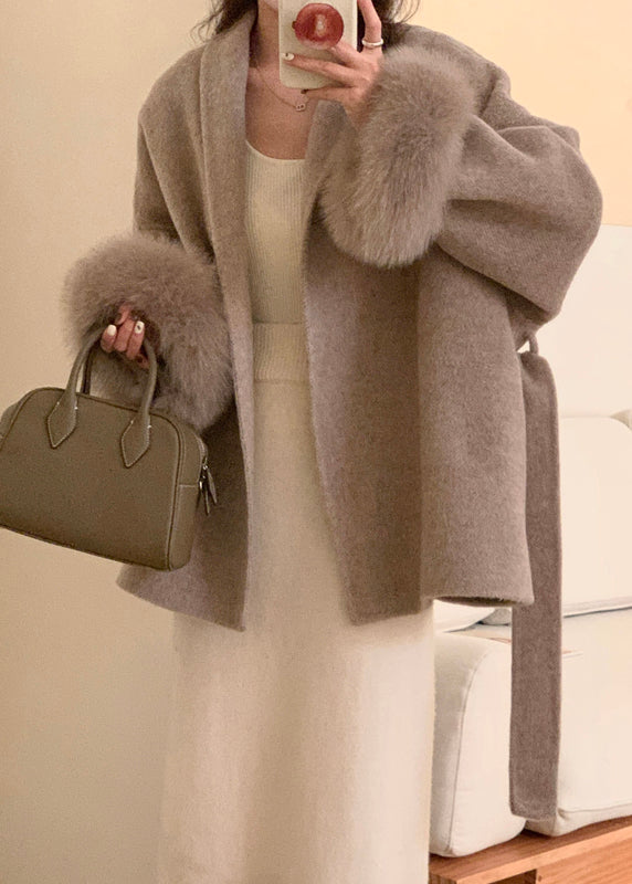 Style Grey Peter Pan Collar Faux Fur Patchwork Woolen Coat Winter