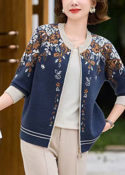 Navy Patchwork Zippered Cotton Knit Coat Fall