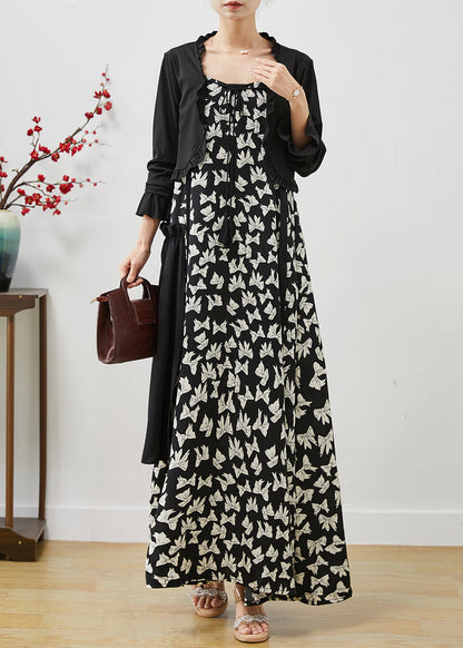 Black Ruffled Print Chiffon Dress Two Pieces Set Summer