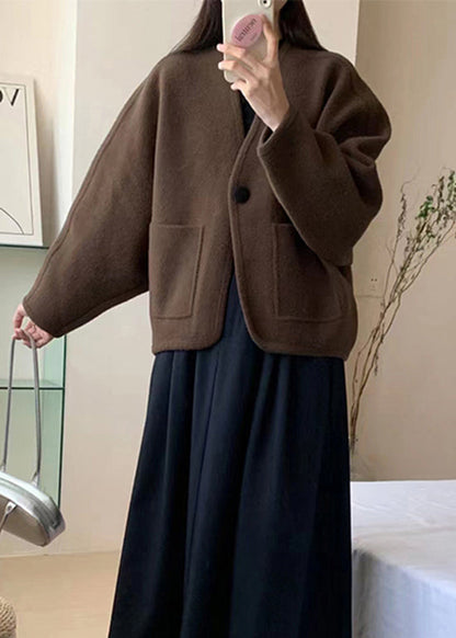 Coffee V Neck Pockets Woolen Short Coat Winter