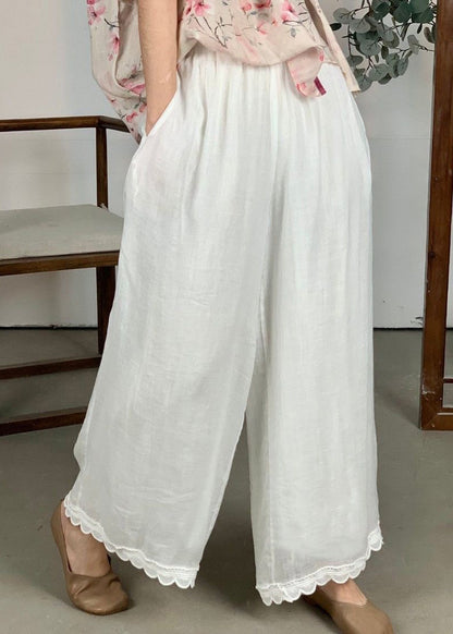 Loose Purple Elastic Waist Lace Patchwork Linen Wide Leg Pants Summer