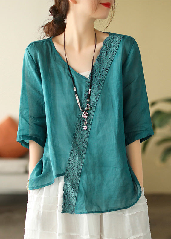 Brief Mulberry V Neck Embroidered Lace Patchwork Linen Top Short Sleeve