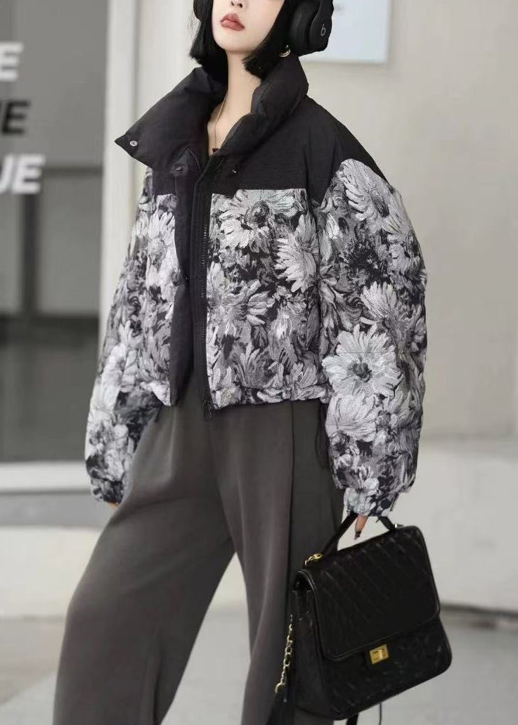 Black Oversized Print Duck Down Puffer Jacket Winter