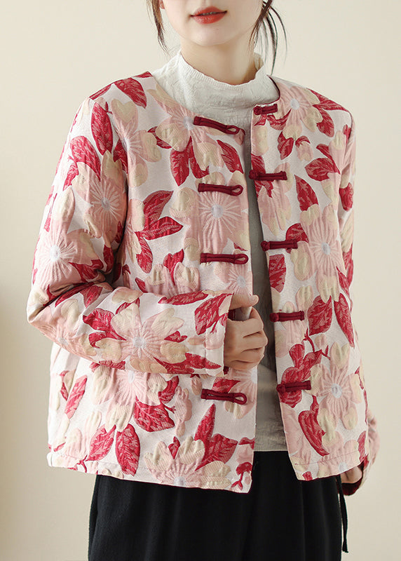 Red O Neck Print Button Pockets Thick Coats Winter