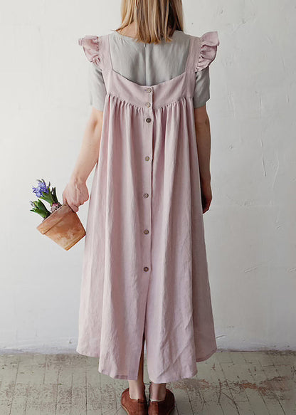 French Pink Square Collar Ruffled Cotton Spaghetti Strap Dress Summer