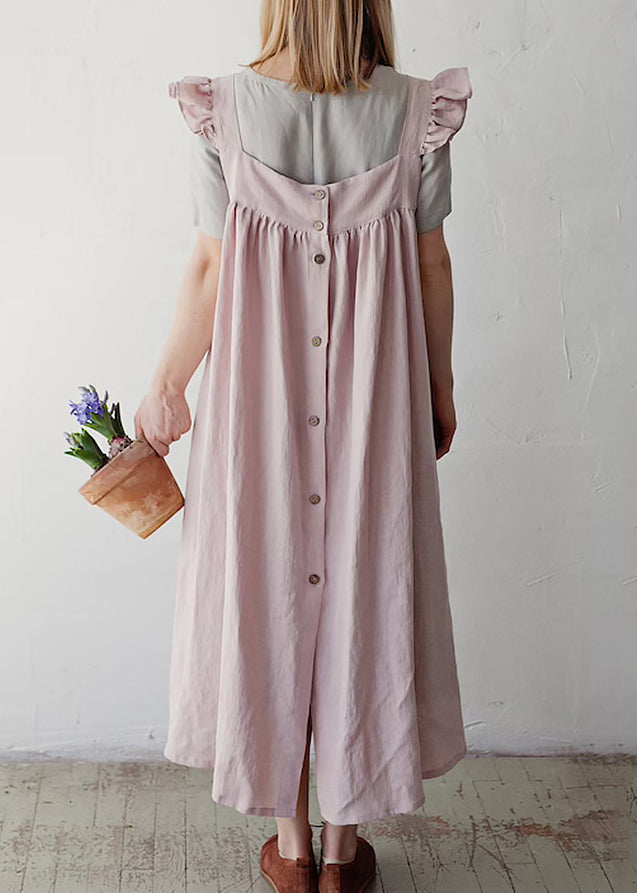 French Pink Square Collar Ruffled Cotton Spaghetti Strap Dress Summer