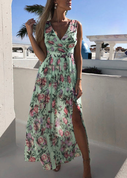 French Pink Print Side Open Chiffon Dress Sleeveless
