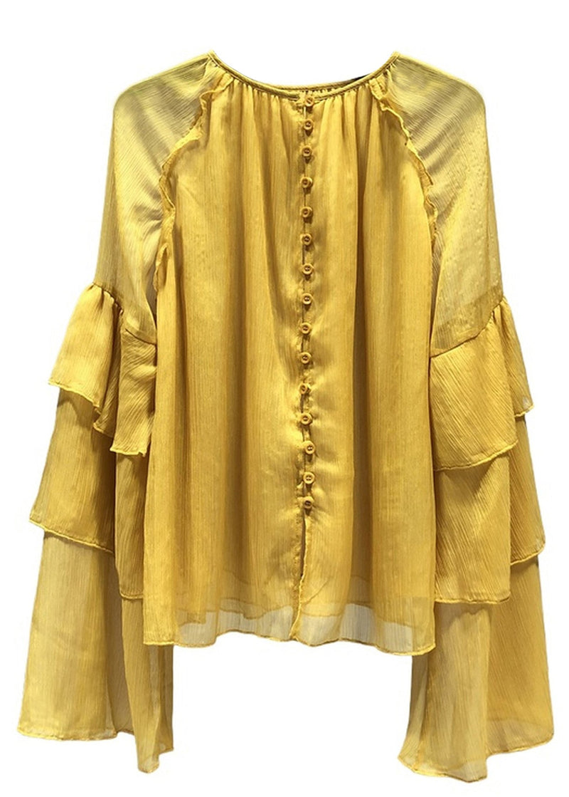 Stylish Yellow O-neck Ruffles Chiffon Blouses Fall