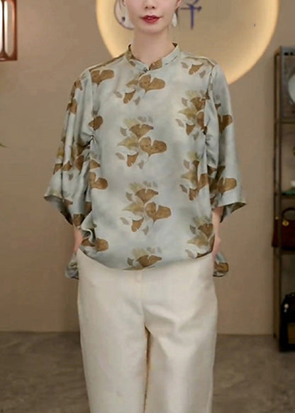 Chinese Style Stand Collar Print Silk Shirt Tops Bracelet Sleeve