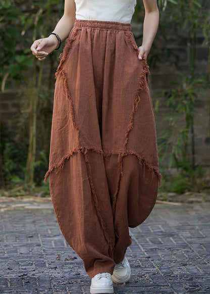Brick Red Pockets High Waist Linen Pants Summer