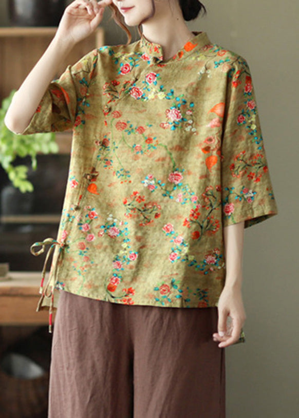 Yellow Print Tie Waist Shirts Half Sleeve
