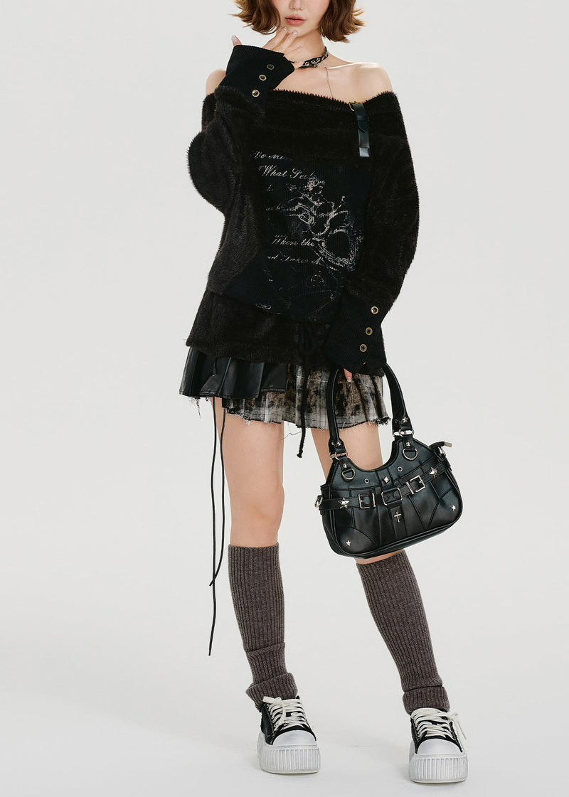 Diy Black Slash Neck Cold Shoulder Print Knit Shirts Winter