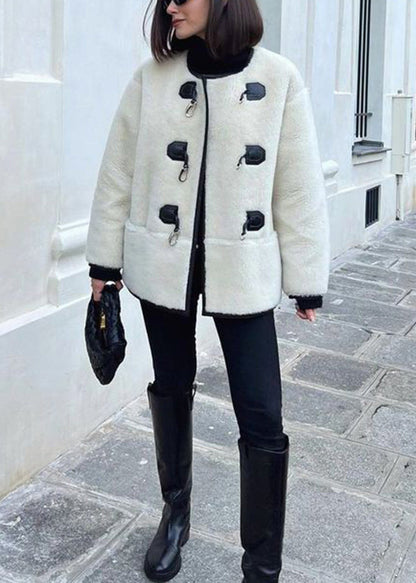 French White O Neck Patchwork Faux Fur Jacket Fall