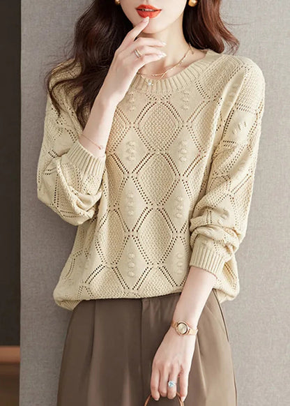 Brick Red O Neck Hollow Out Knitted Tops Fall