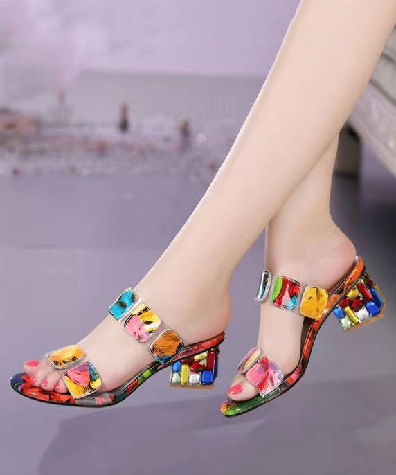 Multi Color Splicing Chunky Heel Peep Toe Slide Sandals