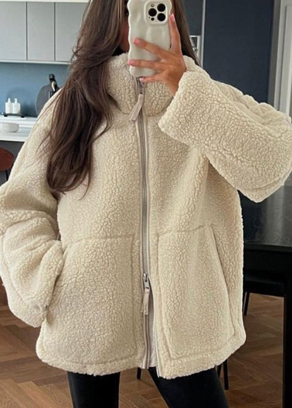 Style Khaki Zip Up Pockets Faux Fur Coat Outwear Winter